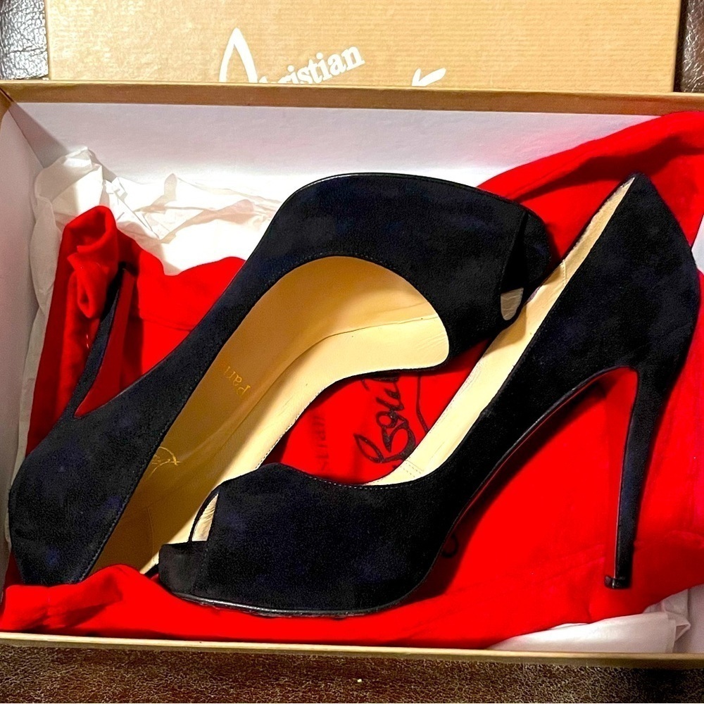Christian Louboutin Very Prive  120mm Veau velour platform Peep pump EU 38.5 - Picture 5 of 8